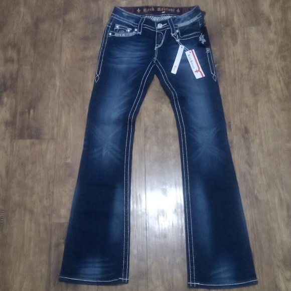 Rock Revival NWT Women's 26 Bootcut Jen Distressed Faux Leather Flap Pockets - Picture 2 of 11